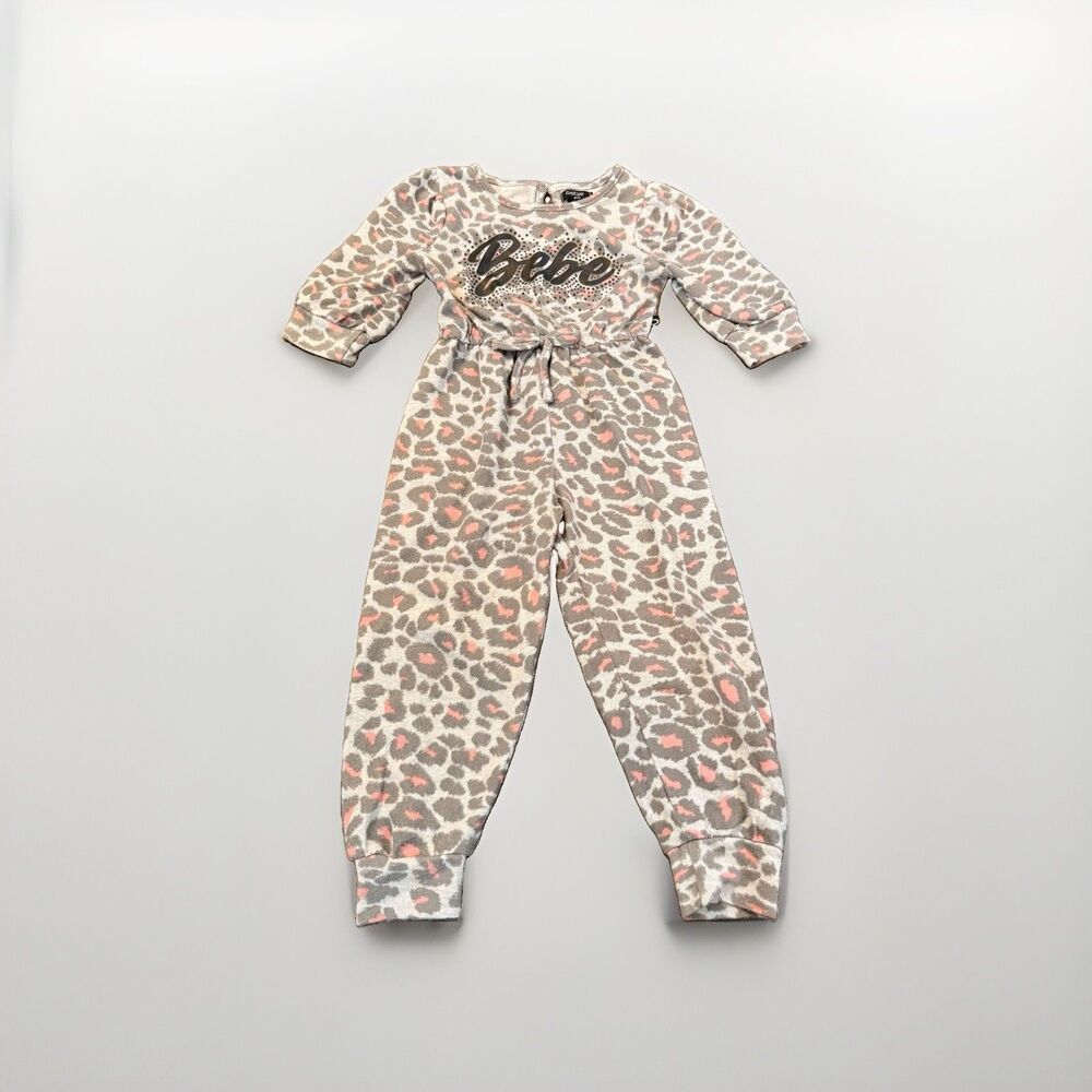 bebe Girls Size 4 Gray Pink Leopard Knit Jumpsuit Long Sleeve back button close
